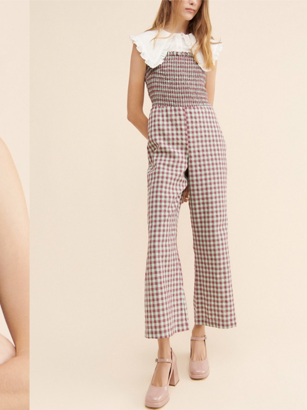 Find Me Now Casi Gingham Smocked Gingham Wide-Leg Jumpsuit in Mint & Burgundy